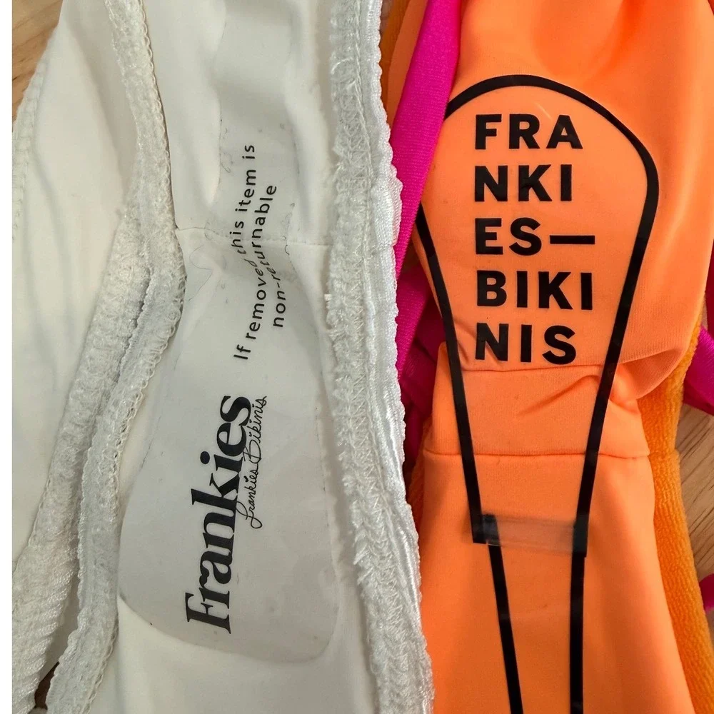 Frankies Bikinis Bottom Bundle White Textured & Neon Orange Pink Side Tie Med.